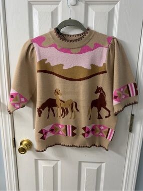 THML Tan Sweater Top with Pink & Brown Horse Motif